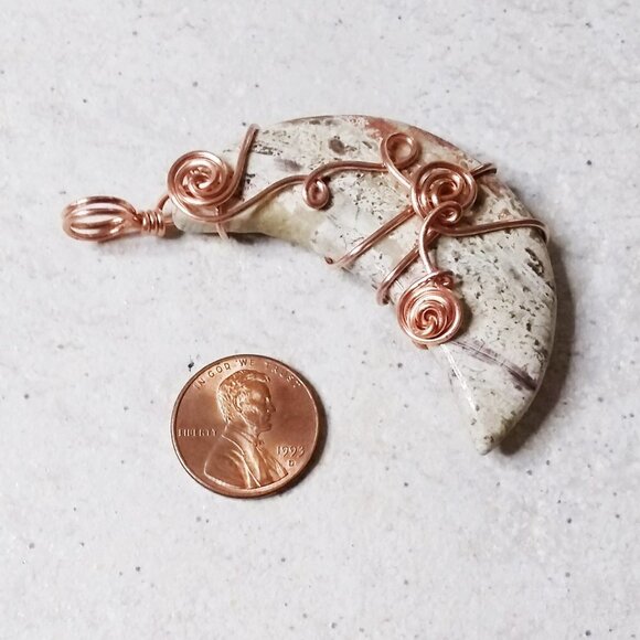 Speckled Crescent Jasper Stone Moon ~ Cream + Tan Colors! Copper Wire Wrapping - Picture 6 of 11